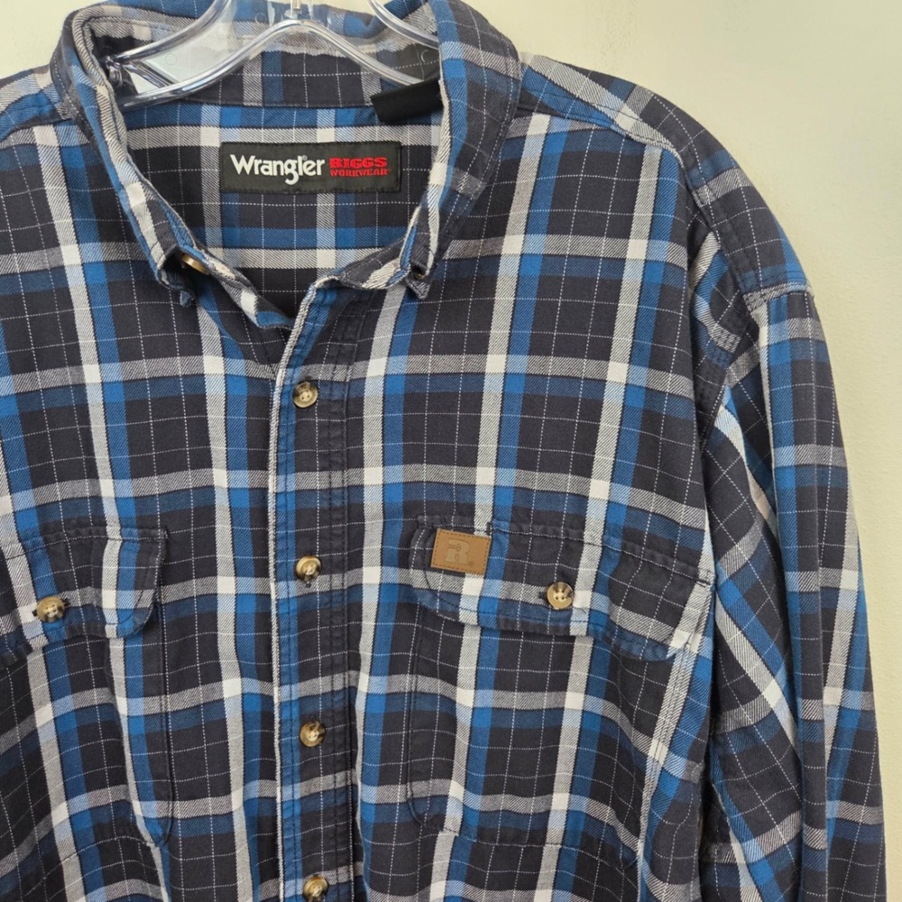 Wrangler RIGGS Workwear Mens Blue Plaid Button Down Shirt XLT 3W623NB